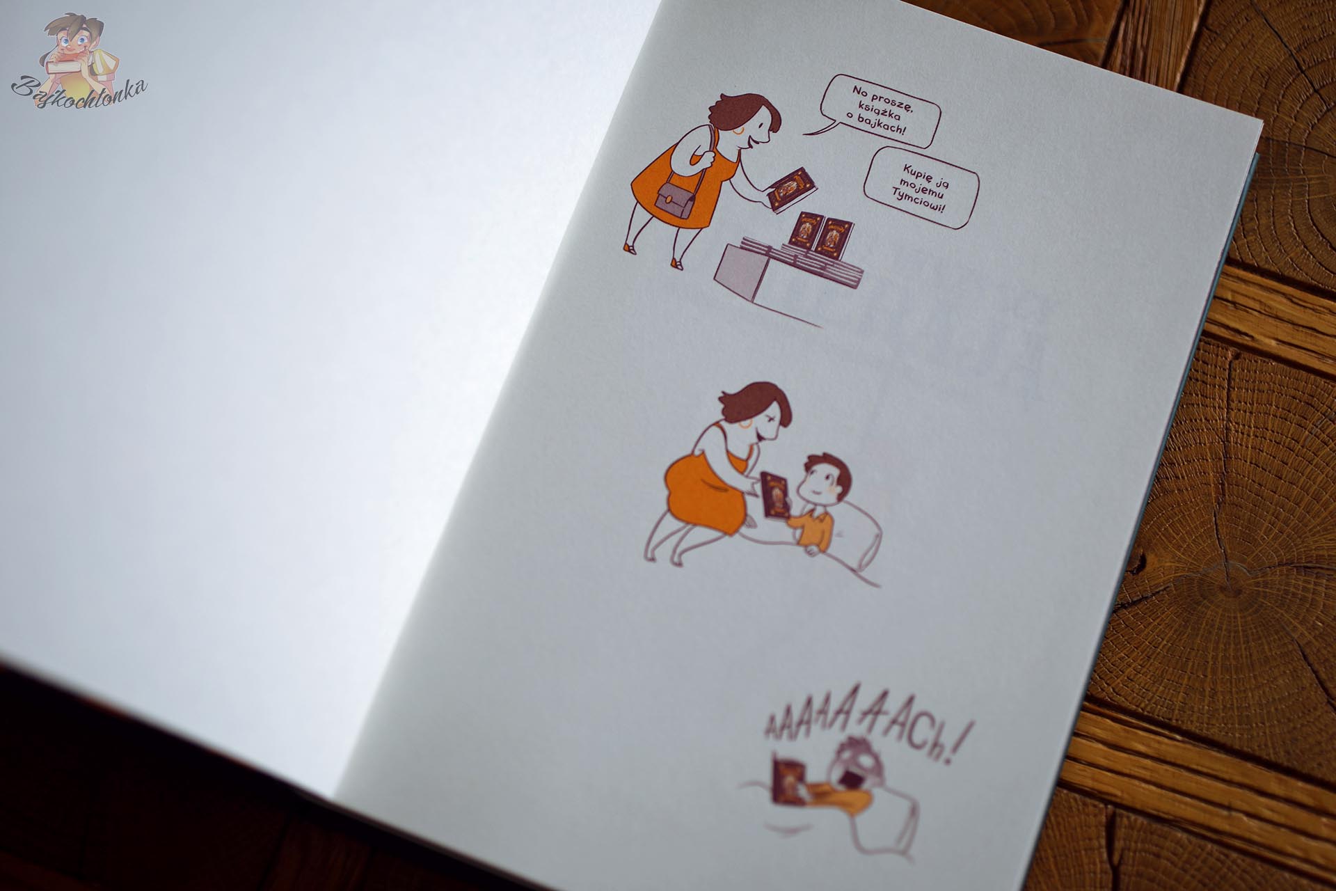 Komiksowa scena z książki Na końcu wszyscy umierają pokazująca humorystyczne podejście do bajek dla dzieci