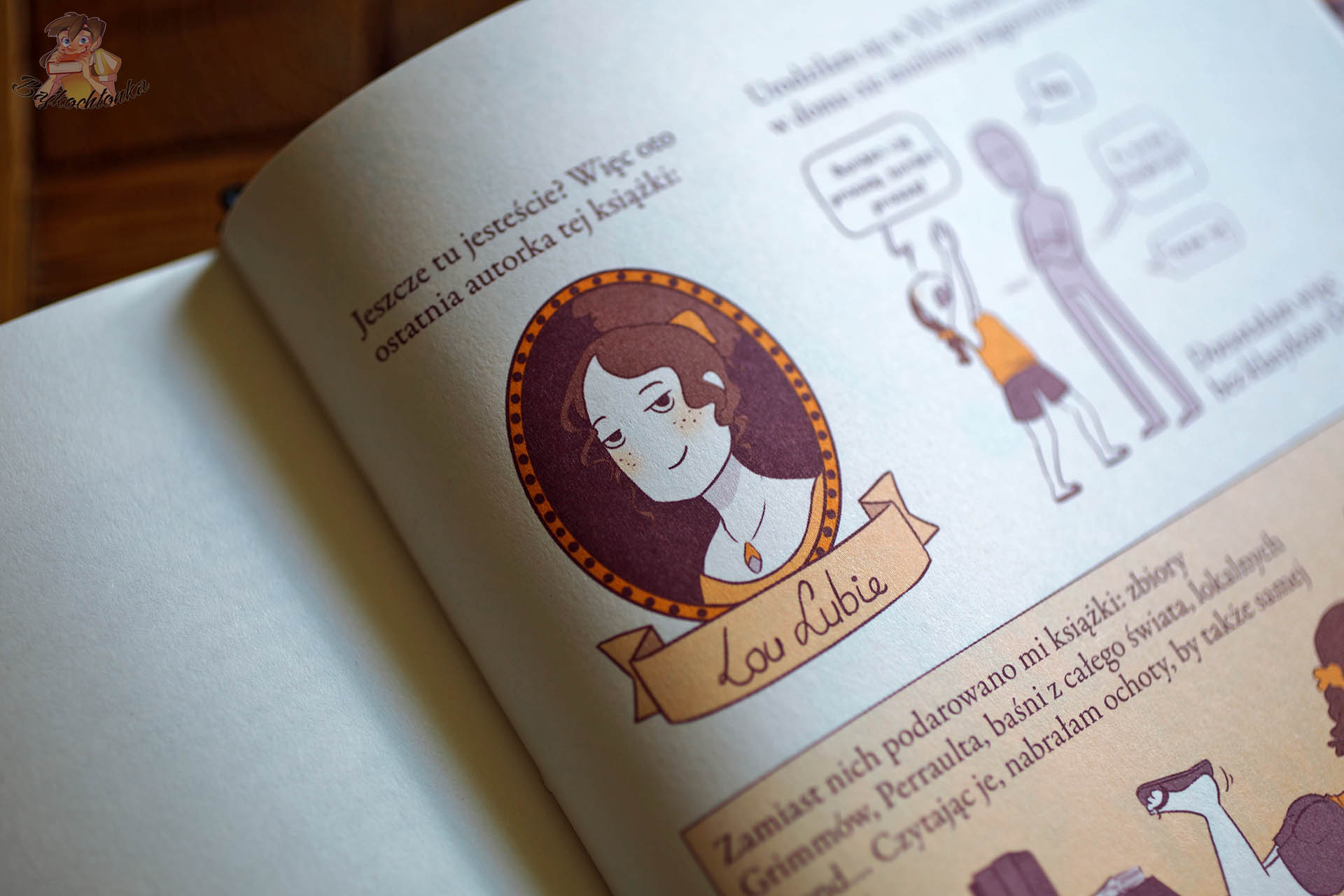 Wnętrze książki Na końcu wszyscy umierają z przedstawieniem autorki Lou Lubie i komiksową narracją o baśniach