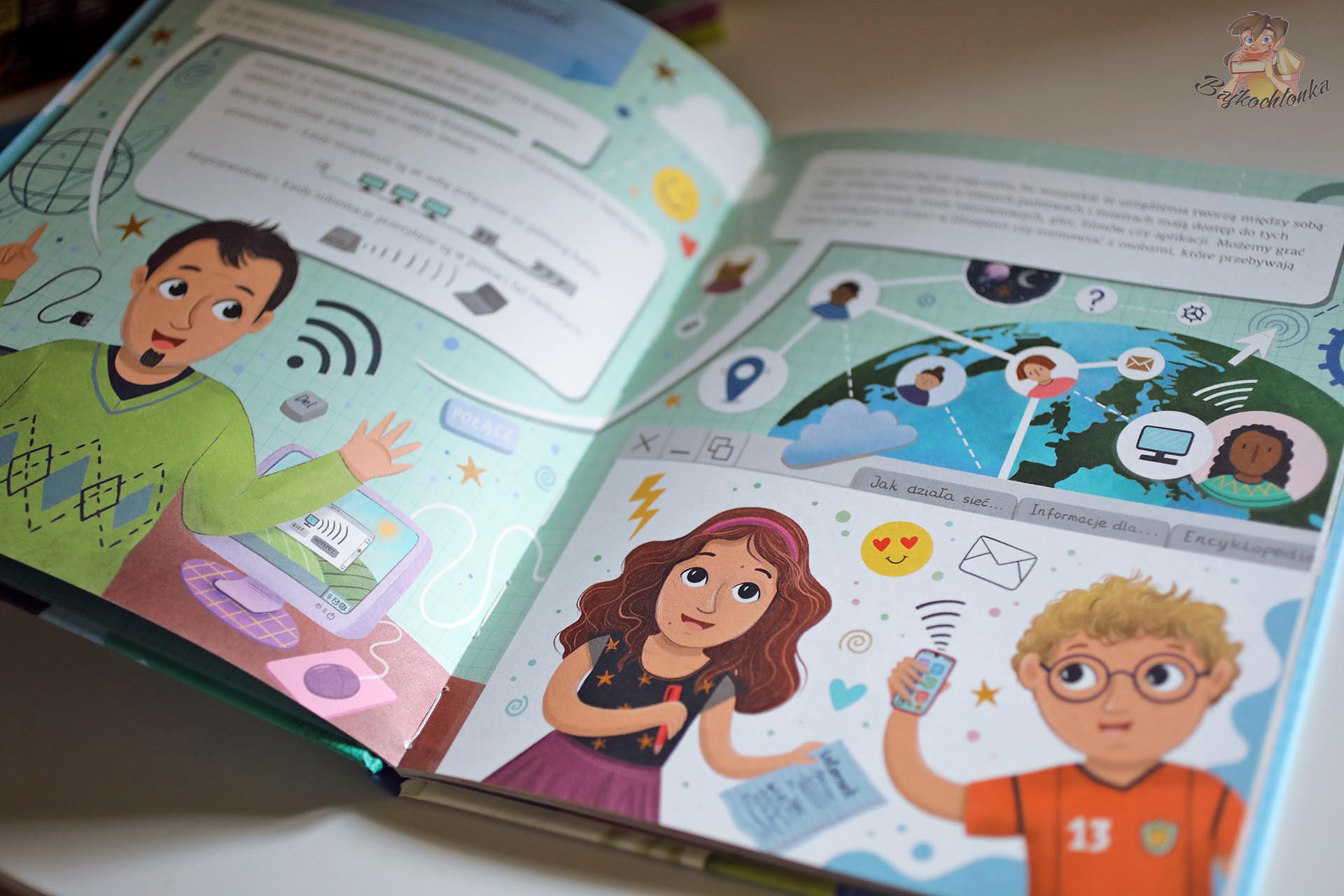 Ilustracja z książki Jesteśmy bezpieczni w sieci wyjaśniająca dzieciom, jak działa internet