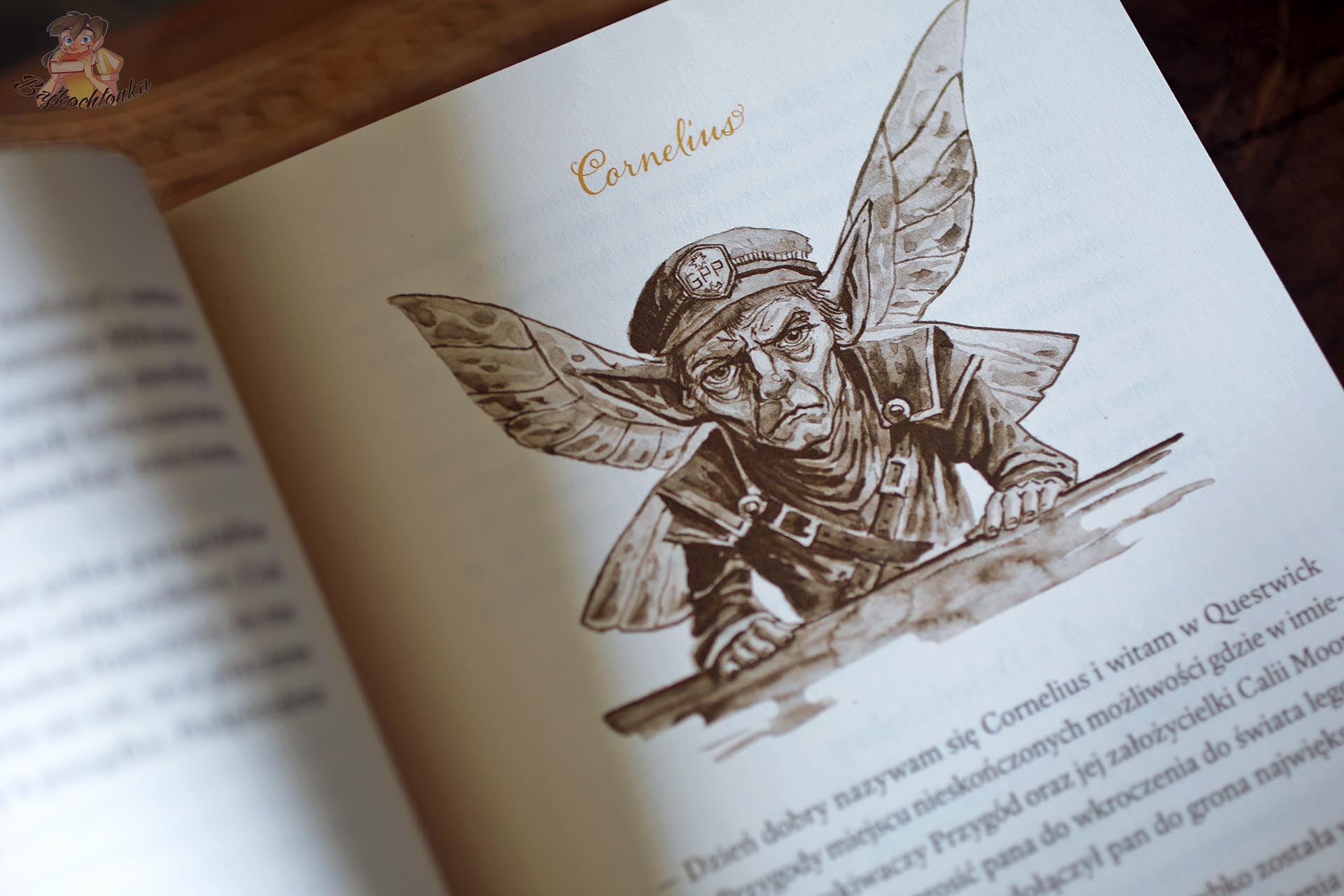 Ilustracja Corneliusa, skrzydlatego bohatera książki „Questwick. Stolica Przygody” Rocha Urbaniaka