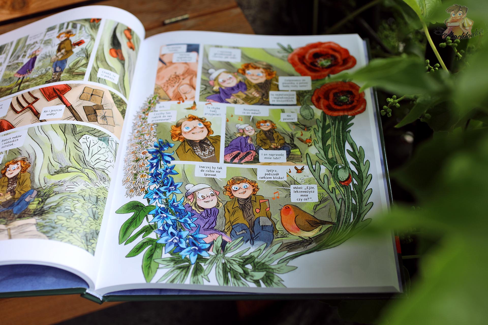 Mary Lennox i Dickon wśród kwiatów oraz rudzika w komiksie „Tajemniczy ogród”