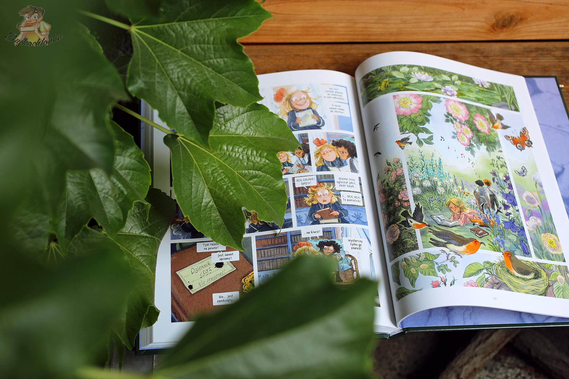 Rozkładówka komiksu „Tajemniczy ogród” Maud Begon przedstawiająca Mary Lennox czytającą w rozkwitającym ogrodzie pełnym kwiatów i ptaków