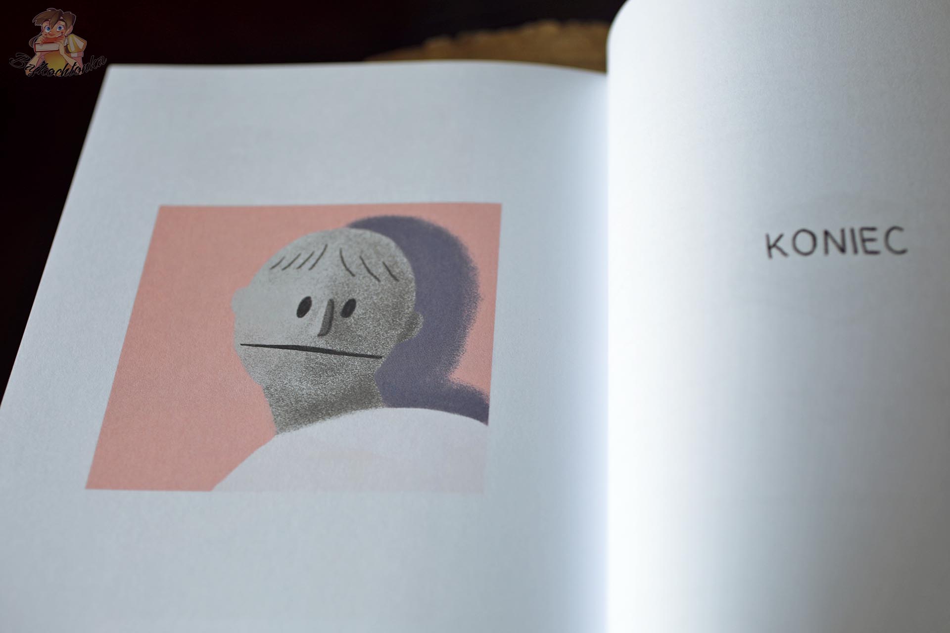 Ostatnia rozkładówka komiksu „Wyprawa do wariatkowa” Pam Pam Liu z portretem bohatera i napisem „Koniec”