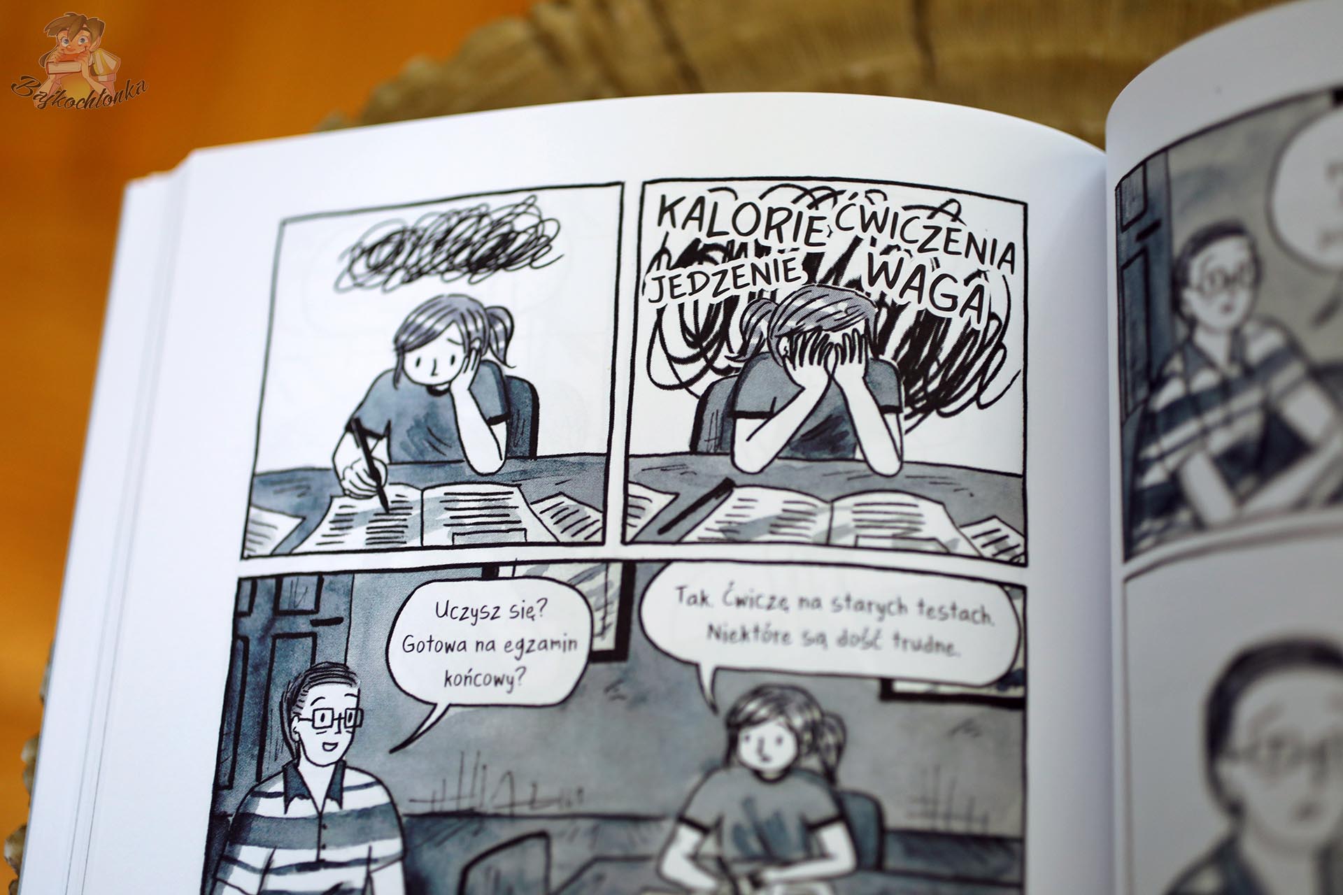Kadr z komiksu Moje doskonale niedoskonałe ciało przedstawiający obsesyjne myśli o kaloriach, ćwiczeniach, jedzeniu i wadze