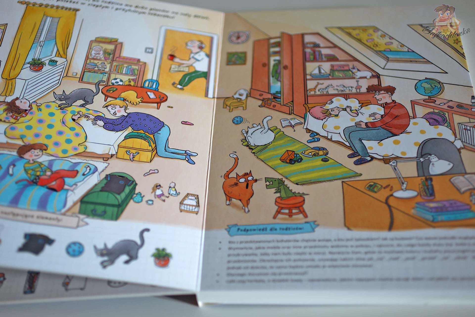 Ilustracja pokoju dzieci oraz pytania dla rodziców w książce Mamo, tato, mów do mnie. Mój dzień