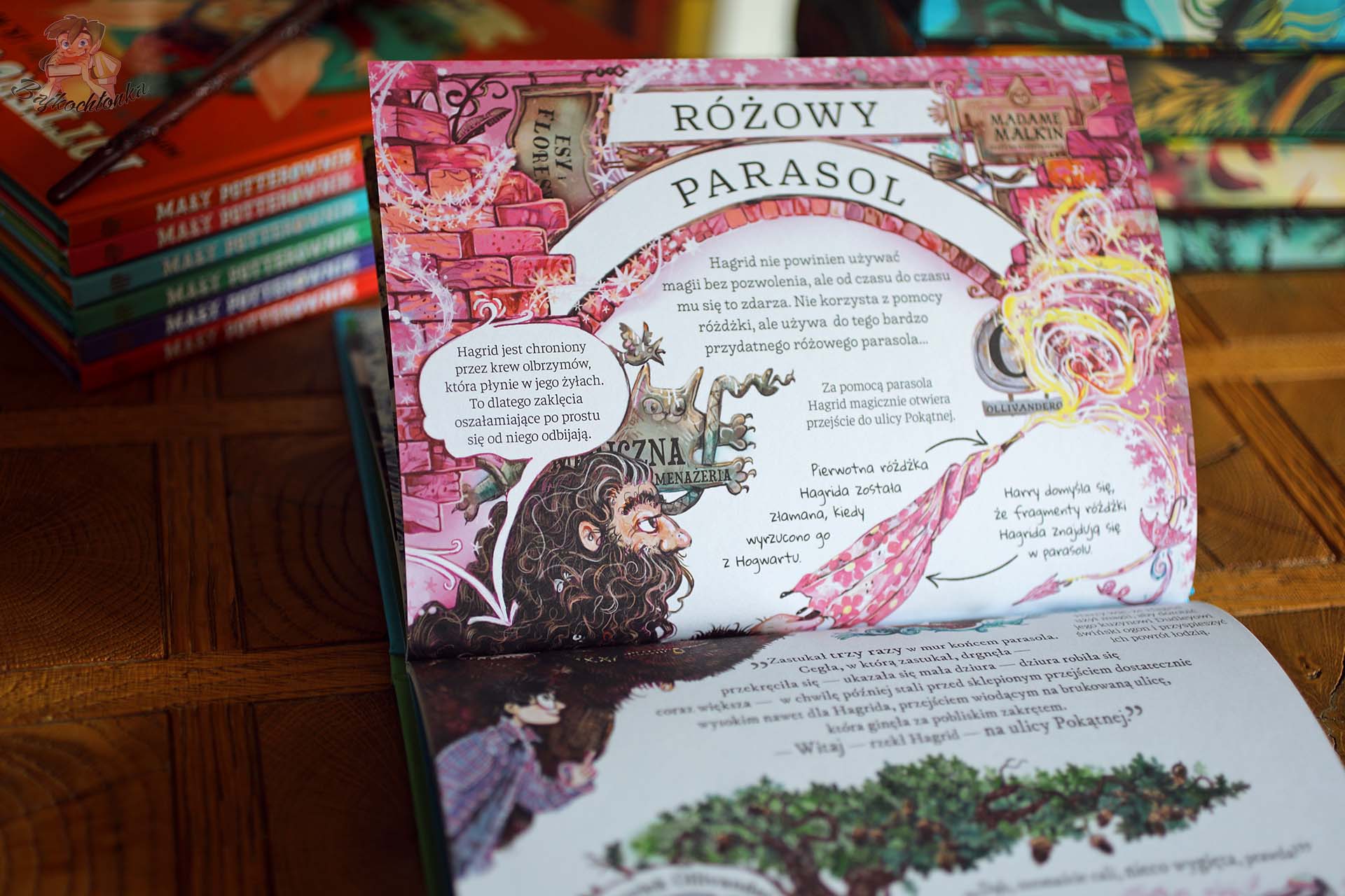 Różowy parasol Hagrida i ciekawostki o jego magii w książce Mały Potterownik. Hagrid