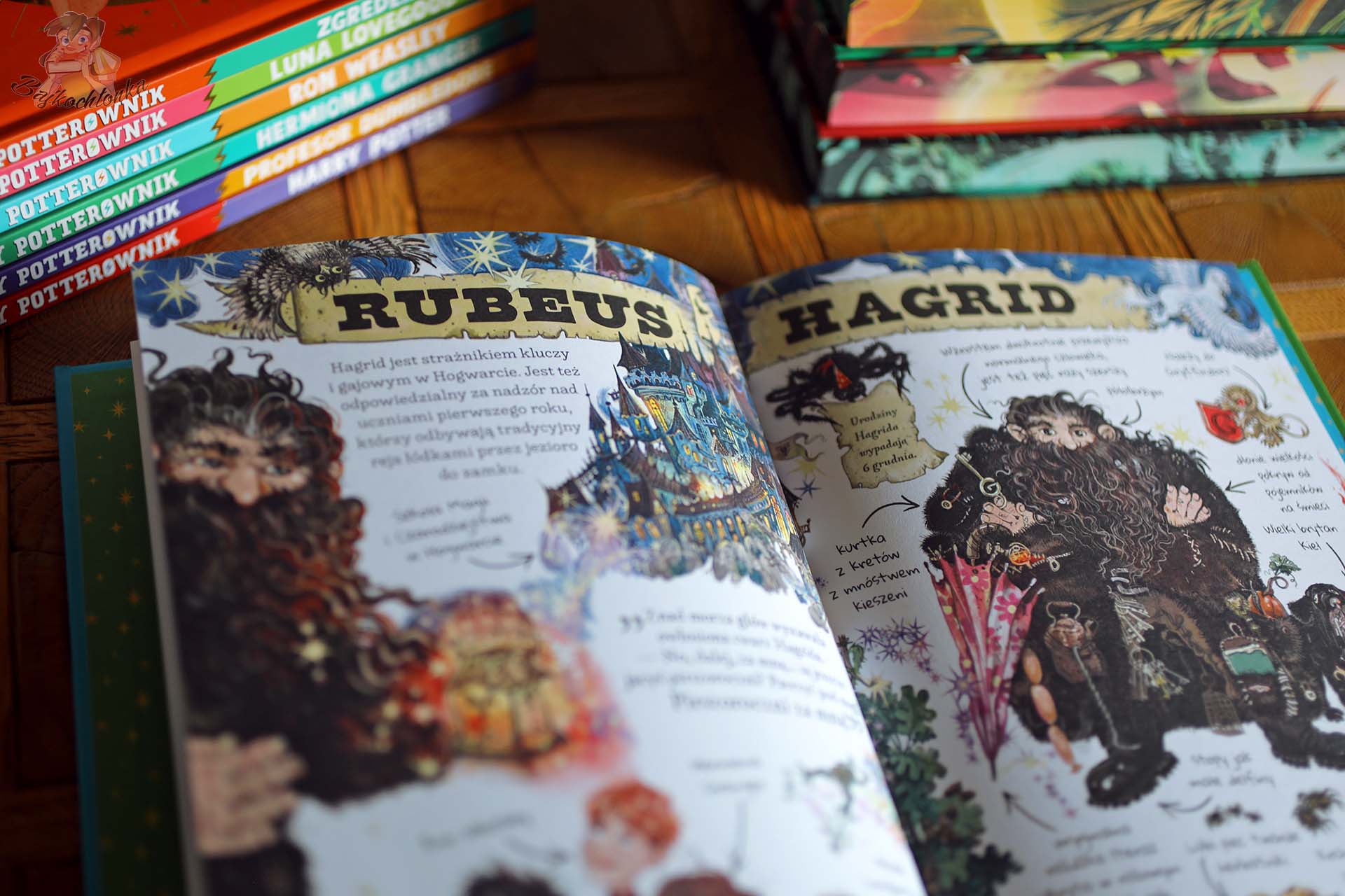 Ilustrowana rozkładówka o Rubeusie Hagridzie w książce Mały Potterownik. Hagrid
