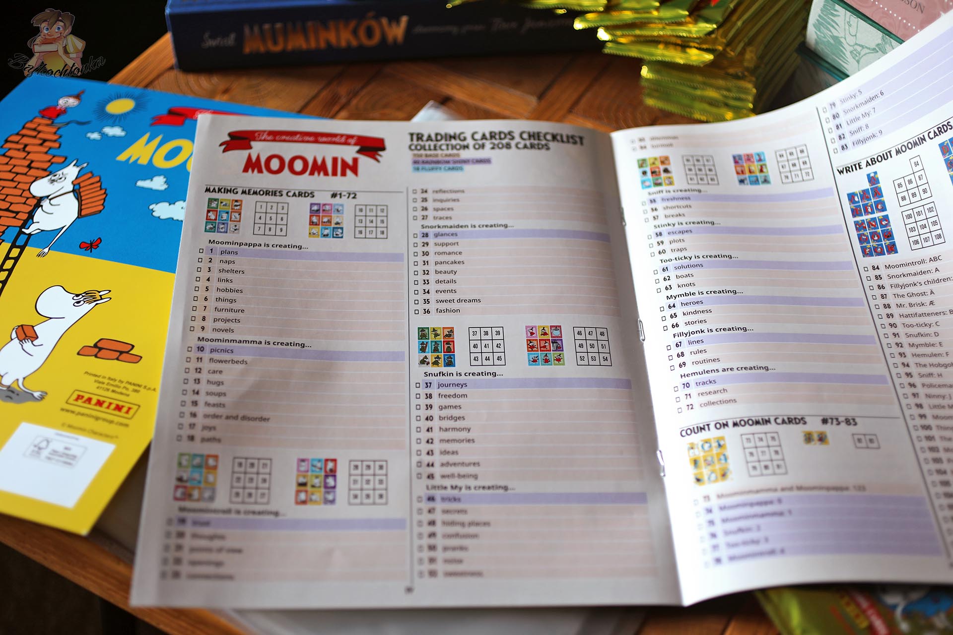 Checklista 208 kart w albumie Panini Muminki Kreatywny Świat