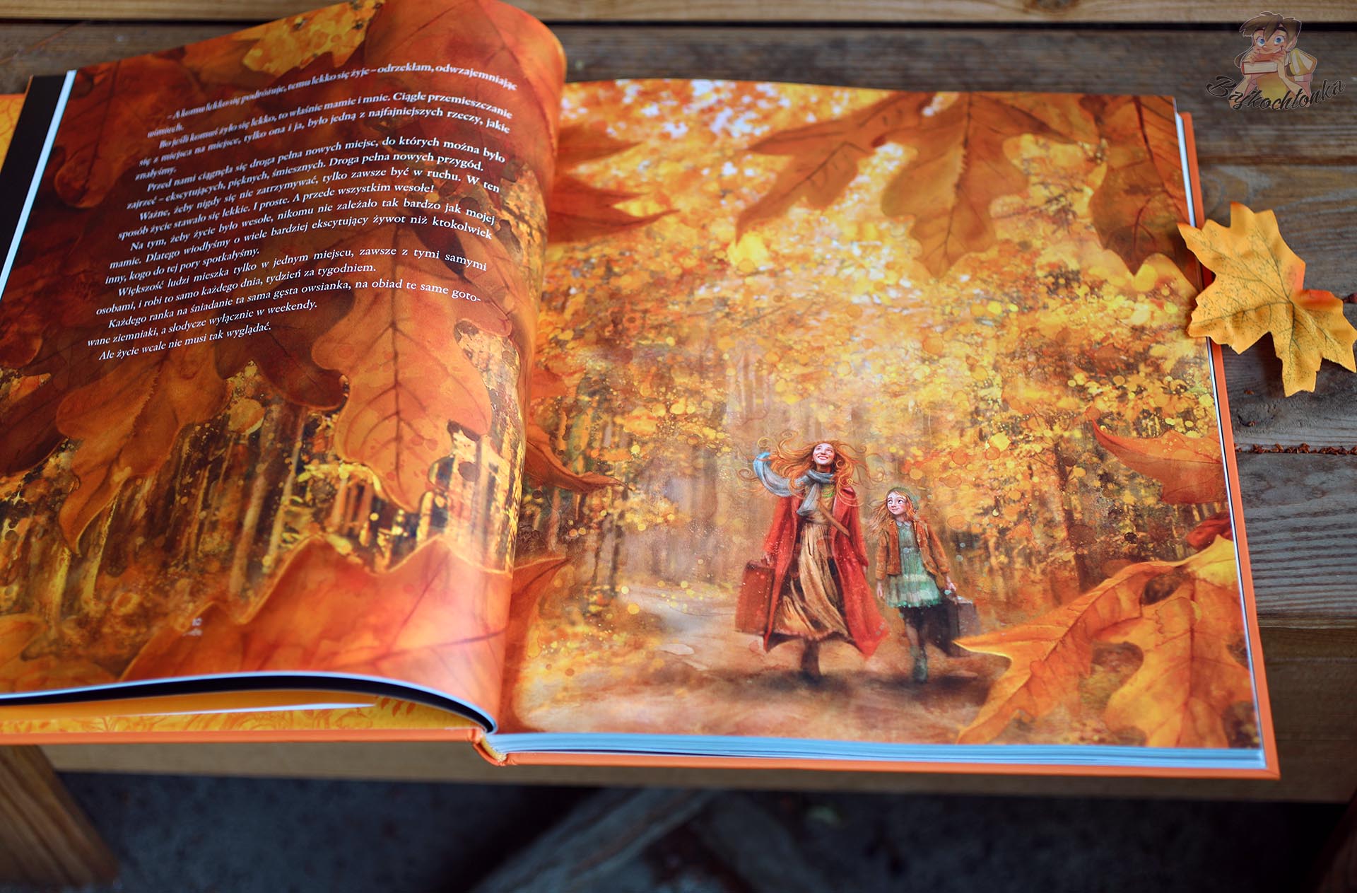 Jesienna ilustracja Lisy Aisato przedstawiająca Isabellę i jej mamę w lesie