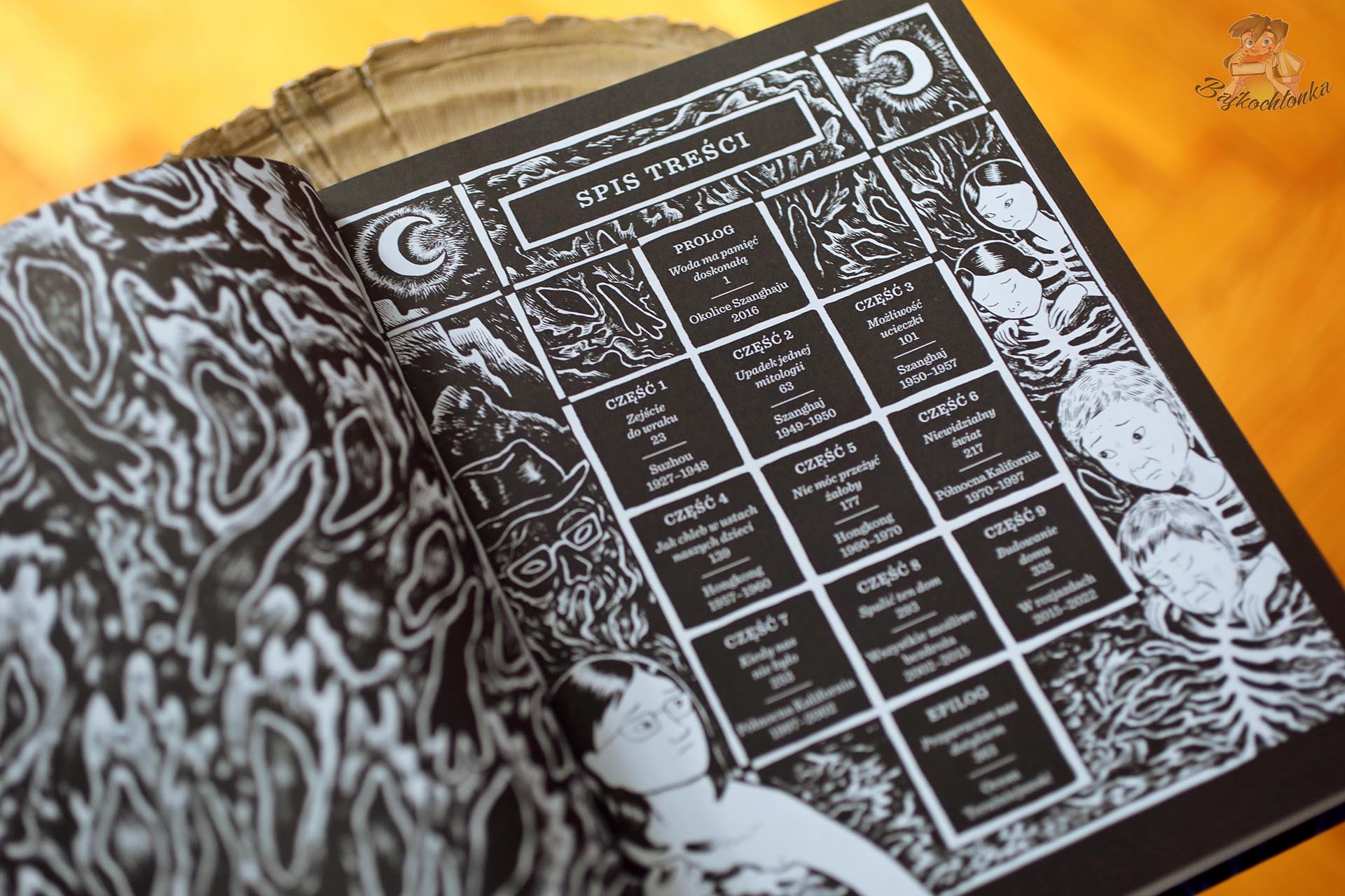 Ilustrowany spis treści komiksu Nakarmić duchy pokazującego historię trzech pokoleń kobiet