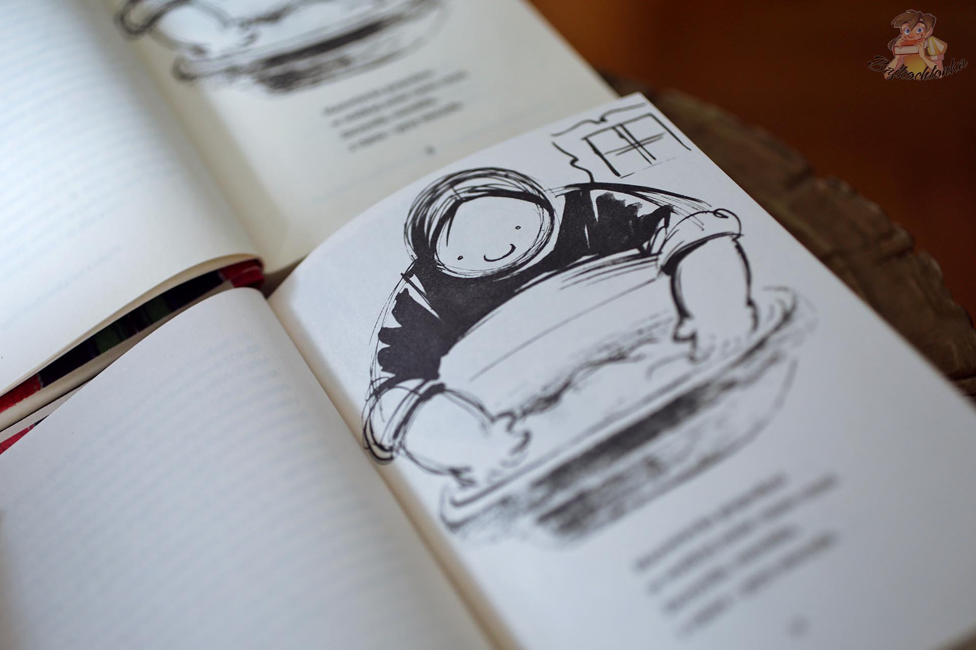 Czarno-biała ilustracja Adama Kiliana we wnętrzu książki Pyza na polskich dróżkach