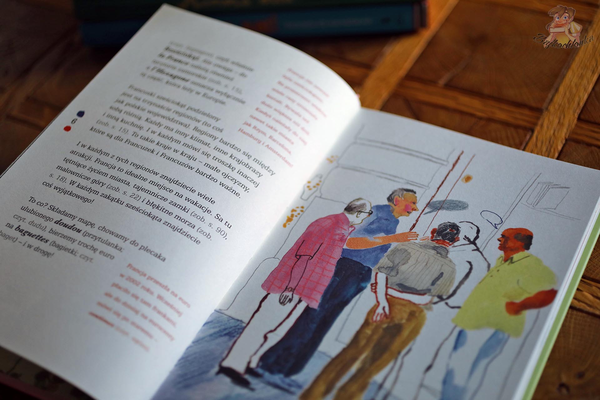 Wnętrze książki Oh la la! Francja dla dociekliwych – tekst o francuskich regionach i ilustracja Julii Bardziejewskiej