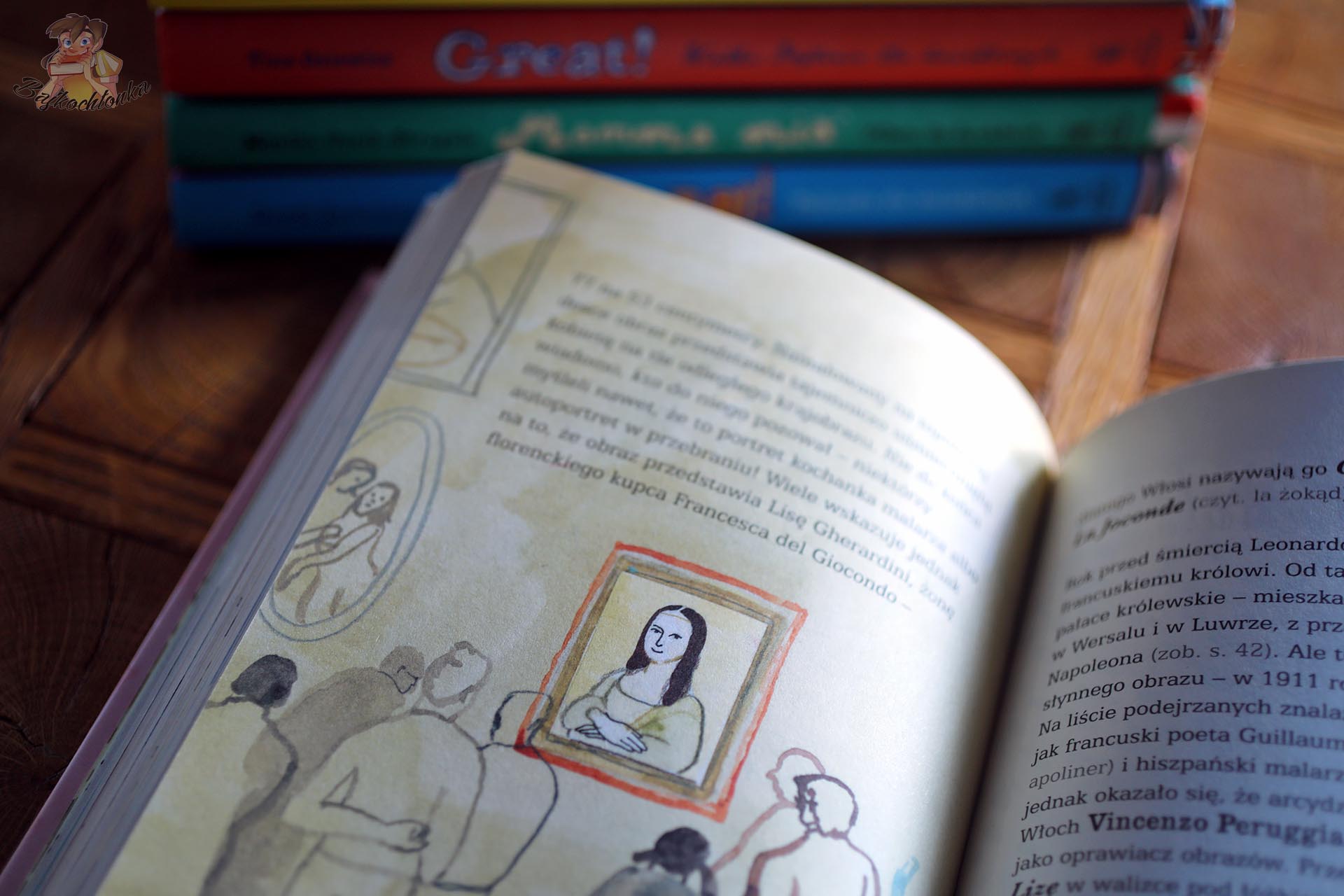 Ilustracja obrazu Mona Lisa i opowieść o jego kradzieży z Luwru w książce Francja dla dociekliwych